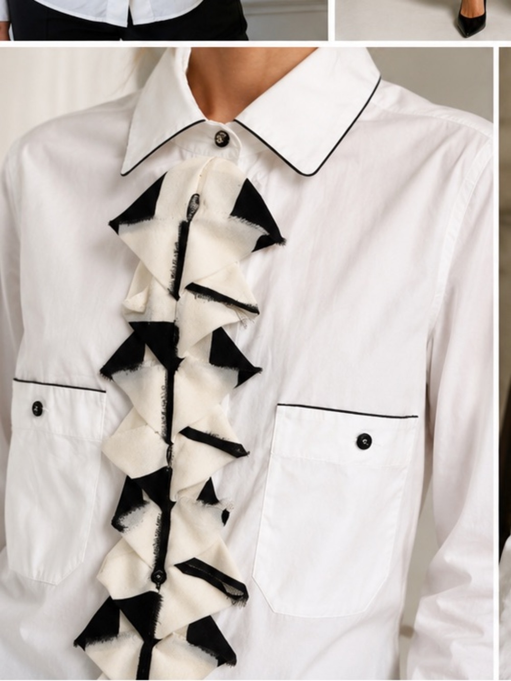CHANEL by Karl Lagerfeld 2008 Black & White Ruffle Jabot Cotton Blouse - Picture 4 of 7